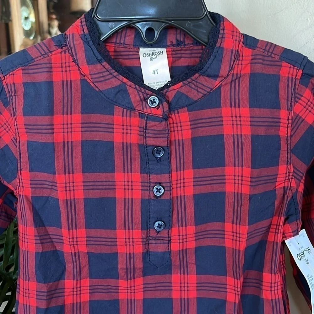 Brand New OshKosh B’Gosh Red & Navy Blue Plaid Shirt Button Up Cotton Blouse